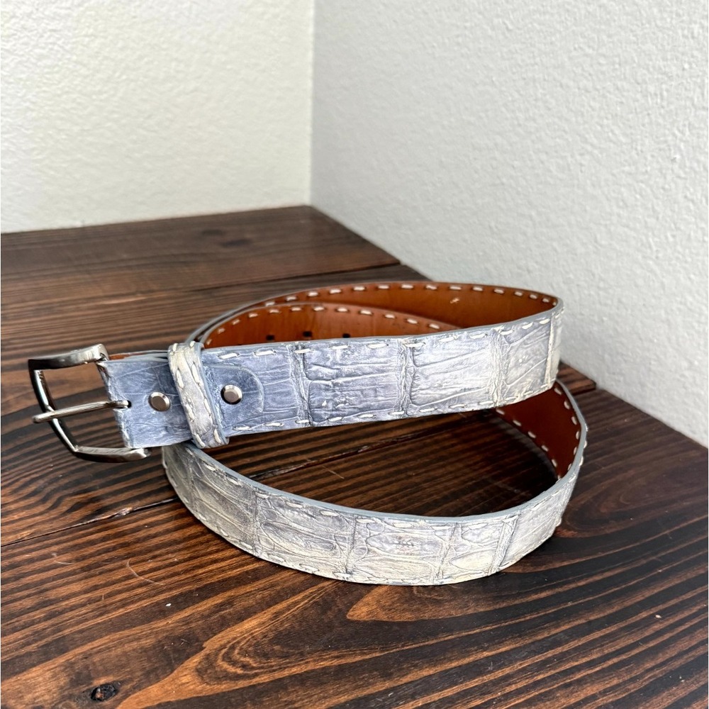Francis Edward Men Silver Gray Western Leather Crocodile Pin Buckle Waist Belt